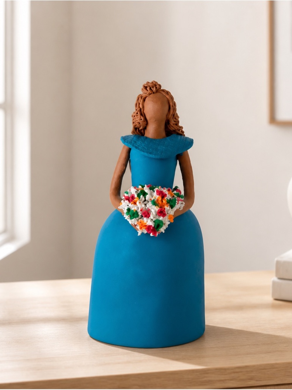 Vintage  Ceramic Lady Figurine in Blue Dress with Flower Bouquet